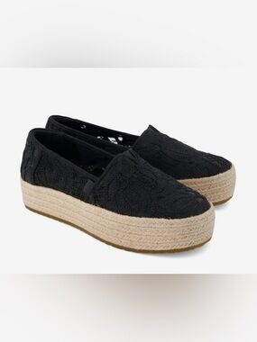 Toms Black Lace Espadrille Platform Slip-On Shoes